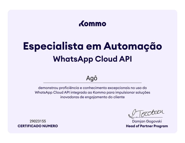 📲 Agora é oficial: agô é Especialista Certificada em WhatsApp Cloud API + Kommo!